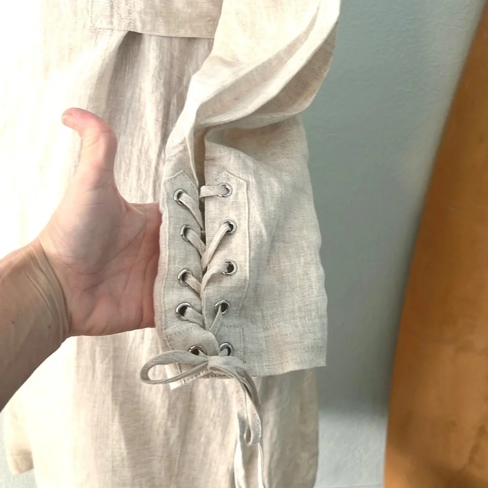 NWT, Fanco 100% Linen Beige Trench Dress Belted Lace-Up Cuff NWT Size S - Picture 8 of 16